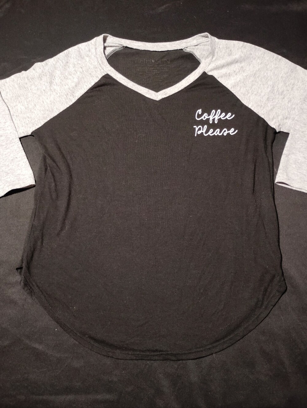 Coffee Please Raglan V-Neck Tee - Black and Light Gray